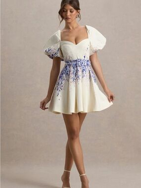 Elegant Cream Mini Dress with Blue Floral Detail